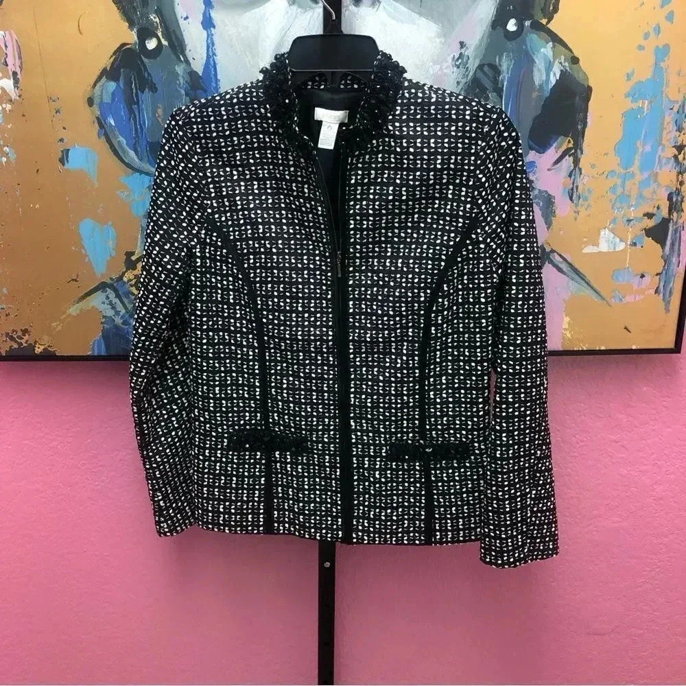 Chico's Black and White Zip Front Jacket with Neck Embellishments